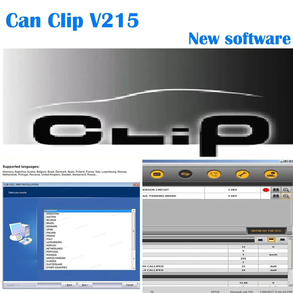 Can Clip V215 Newest For Renault Auto Diagnostic Software V213/V212/V209 Gifts Reprog V191+Pin Extractor V2+Dialogy V4.72 Link