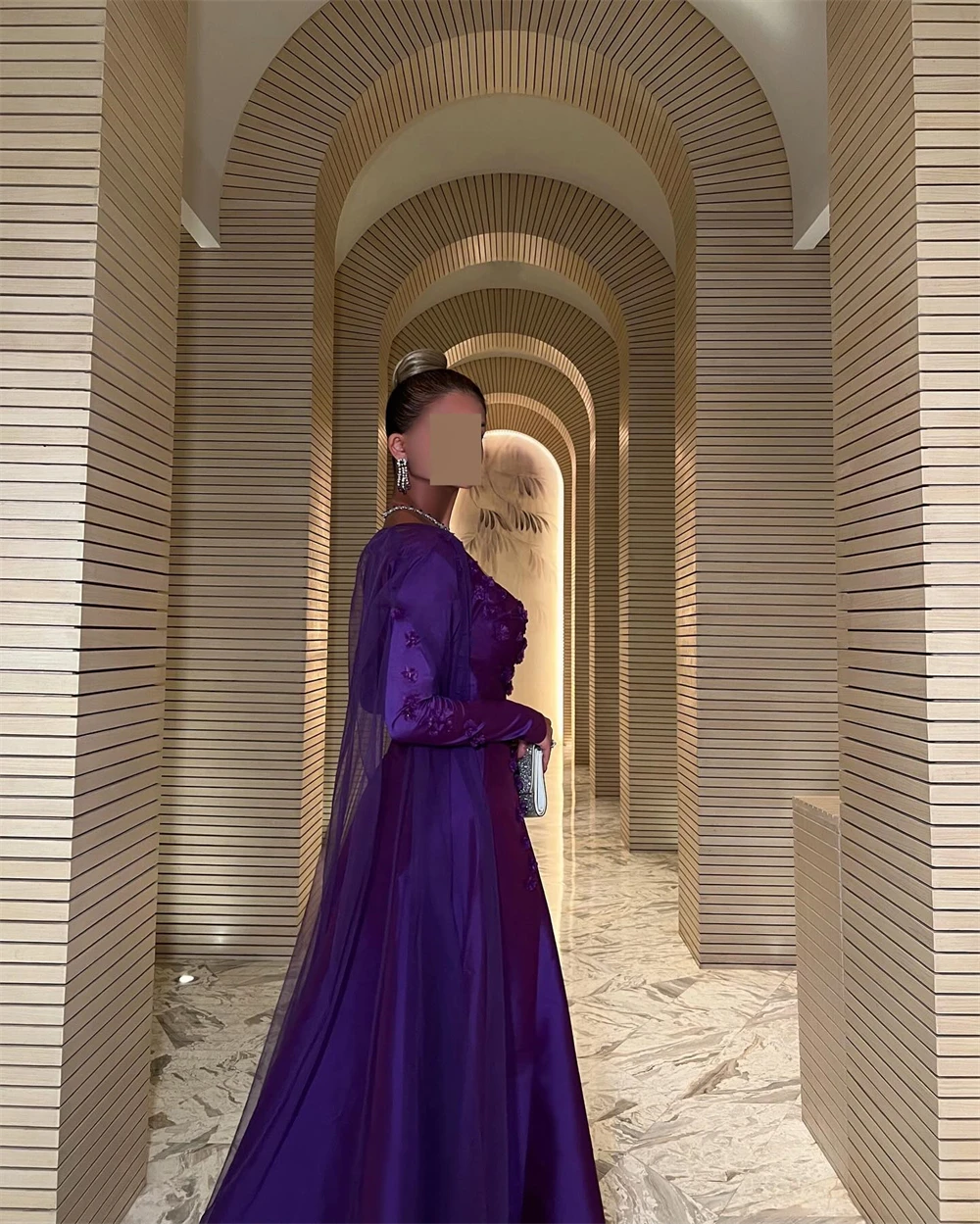 Customized Evening Dress Exquisite Purple Satin Square Collar Off the Shoulder Long Sleeves Appliques Pearls Ruched Prom Gowns