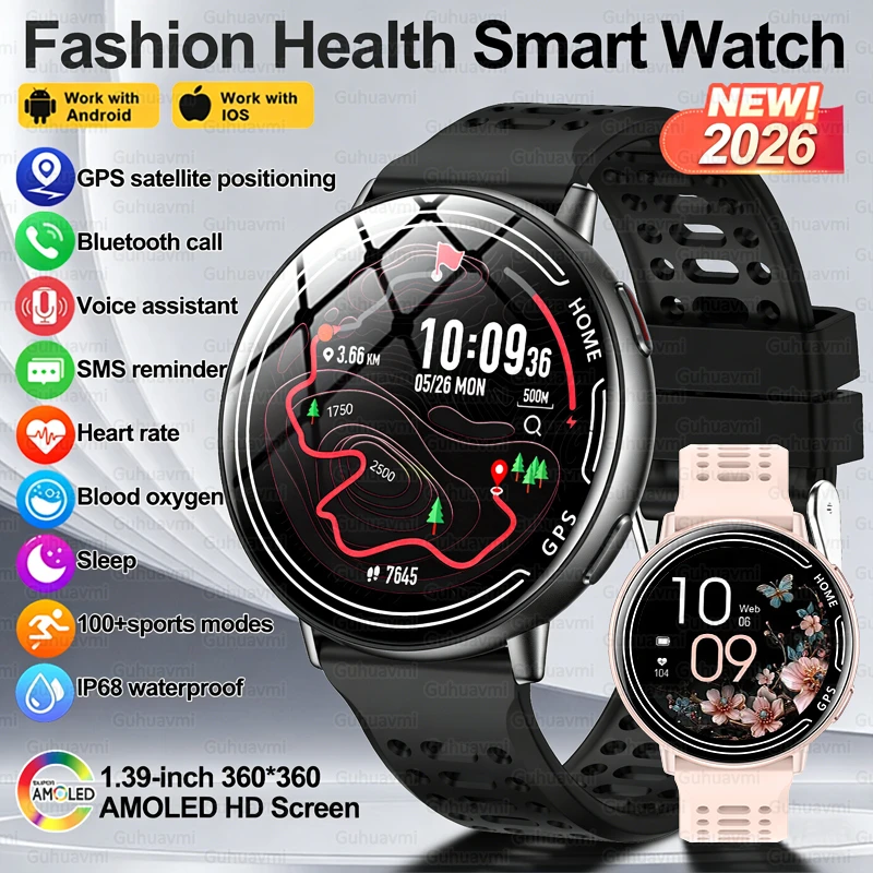 

Новые смарт-часы 2026 года с GPS для мужчин и женщин, AMOLED HD-экран 1.39'', Bluetooth-звонки, измерение пульса, водонепроницаемость IP68, фитнес-трекер