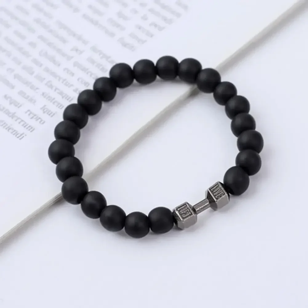 High Quality Men\'s Beaded Bracelet Natural Black Matte Agate Dumbbell Charm Bracelet Energy Fitness Barbell Fashion Jewelry