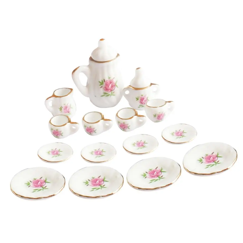 15 utensílios de jantar em miniatura para casa de bonecas prato de xícara de chá de cerâmica floral rosa