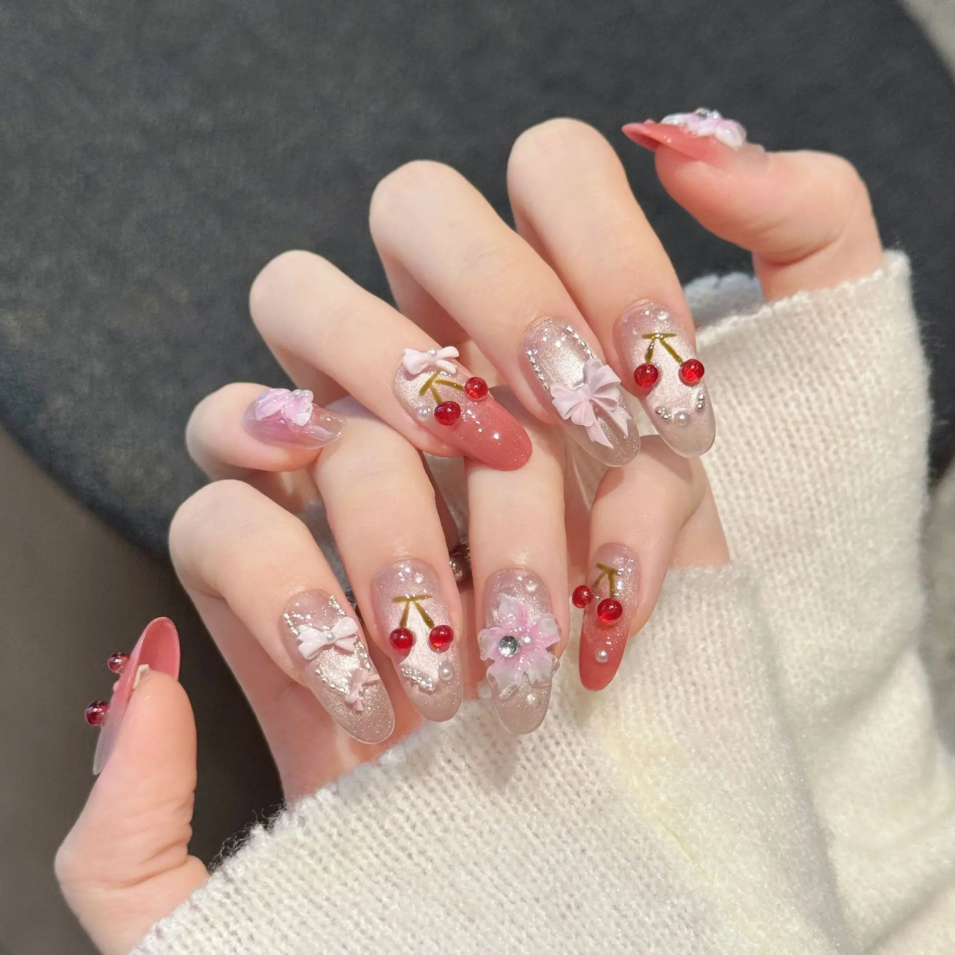 10pcs Bow Flower Handmade Press on Nails Art Sweet Cherry Rhinestone Design Long Oval False Nail Tips Cat's Eye Pink Fake Nail