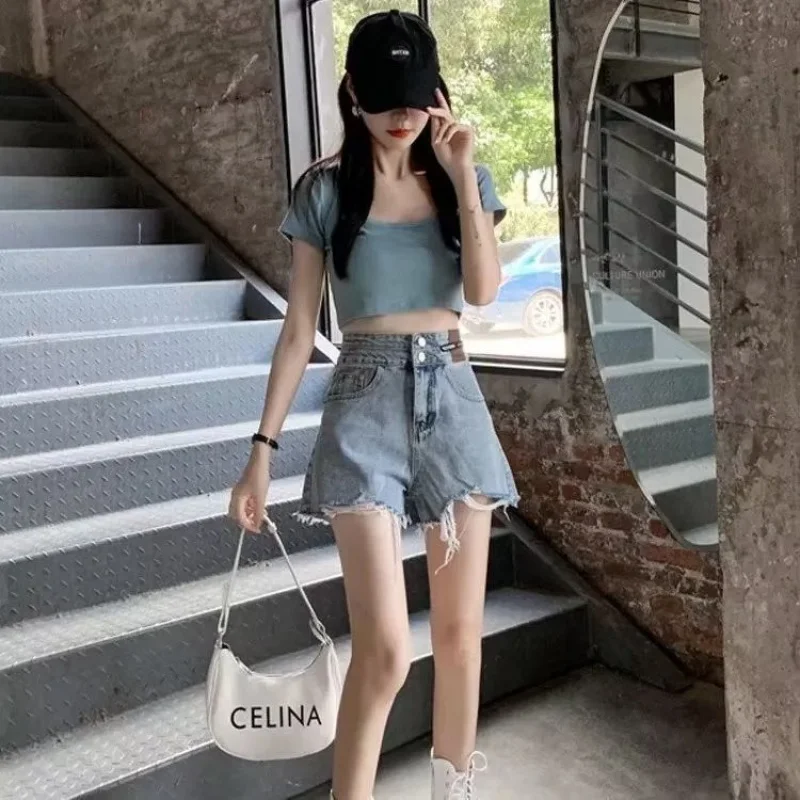 Summer Thin Denim Shorts Women's Ultra High Waist Small Sexy Loose Slimming Flanging All-MatchingaWord Wide Leg Hot