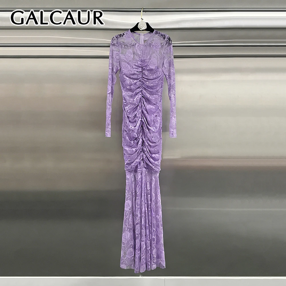 GALCAUR Lila Patchwork-Kleid mit Falten, Elegantes Damenkleid mit O-Ausschnitt, Langen Ärmeln, Schlankem Schnitt, Retro-Inspiration, Intellektuelle Damenmode, Herbstmode Neu