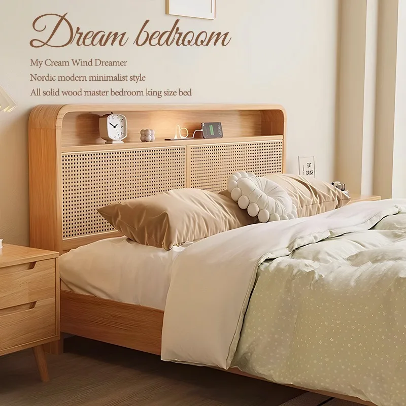 

Solid Wood Wicker Bed for Nordic and Japanese Style 180 cm Double Bed Modern Minimalist Retro Storage Bed for Guesthouse