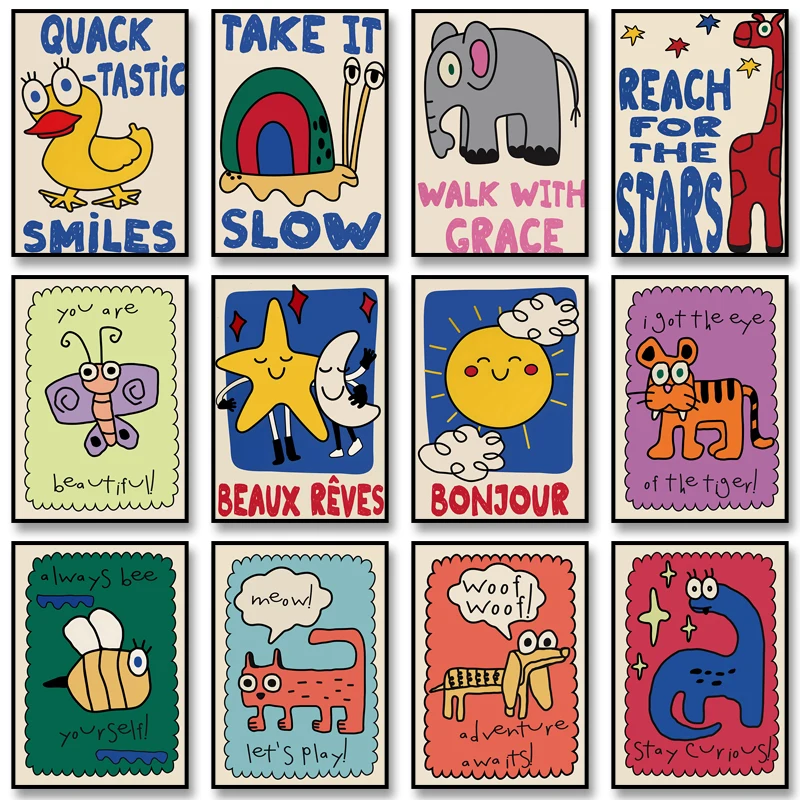 الملصقات الملونة غرفة الاطفال الحد الأدنى قماش اللوحة لطيف الحيوانات طباعة جدار صورة فنية للديكور المنزل هدية للأطفال #1