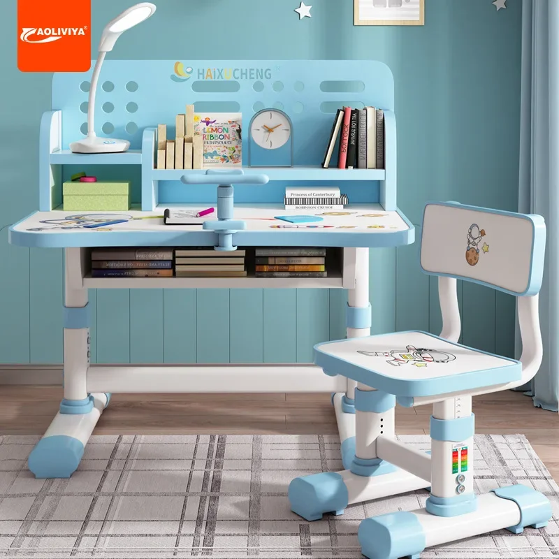 AOLIVIYA Study Table Children's Writing Desk Bookshelf Combination Integrated Table Liftable Student Homework Desk and Chair Set