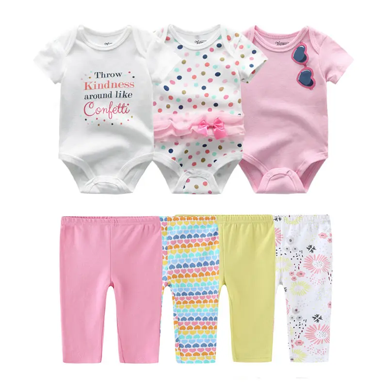 7Pcs Newborn Baby Clothes Set 3 Short Sleeve Printed Bodysuits + 4 Cotton Long Pants Soft Infant Boys Girls Casual Sleep Outfit