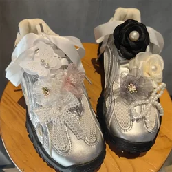 Pearl Bow Shoelaces Flower Rose Shoe Laces Decoration Mesh Flower Organza Lace Bow Ballet Shoes Buckle Accessories New 1PCS