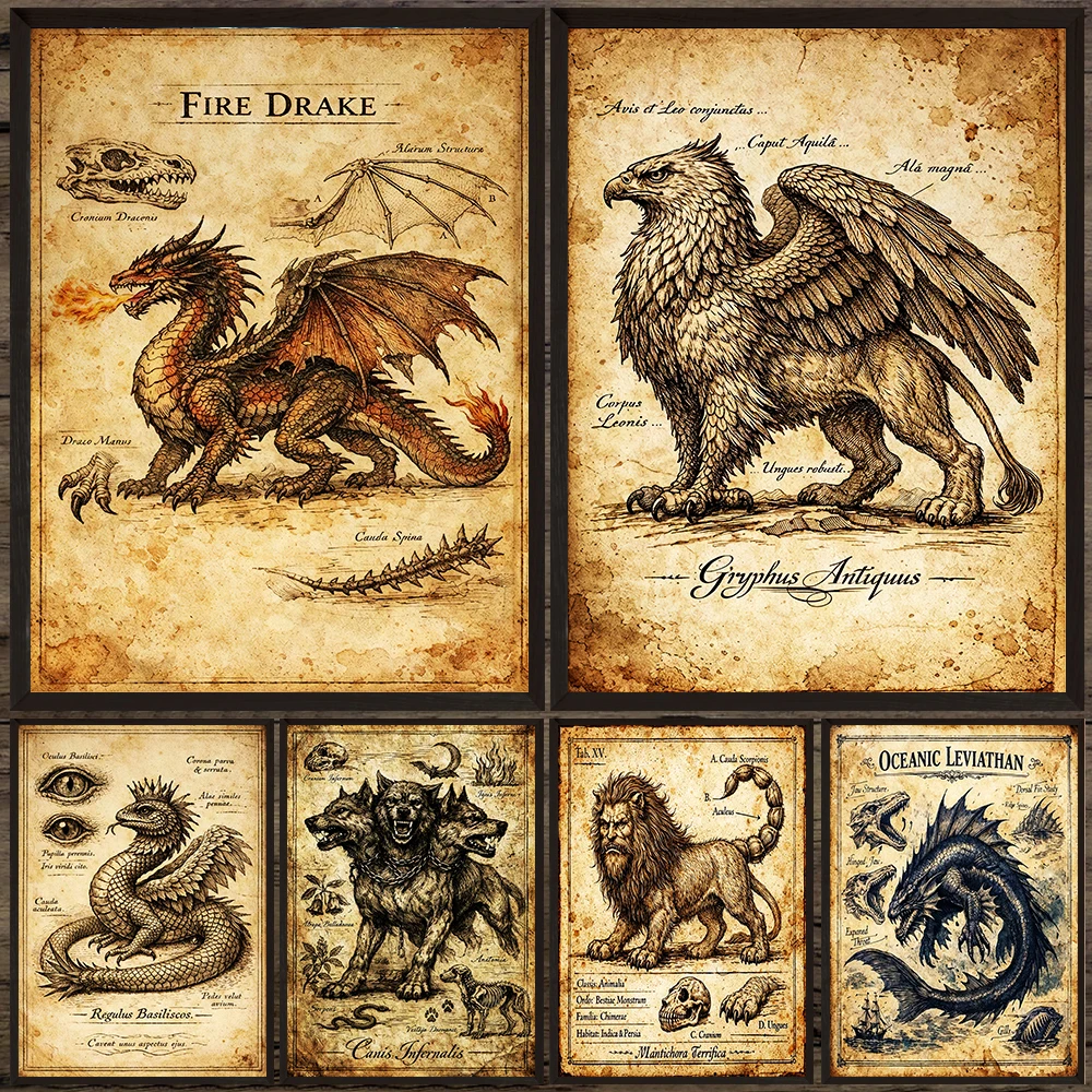 Vintage Mythical Creature Anatomy Canvas Print,Vintage Fantasy Bestiary Art Poster Print,Unique Gift For Occult & Myth Lovers