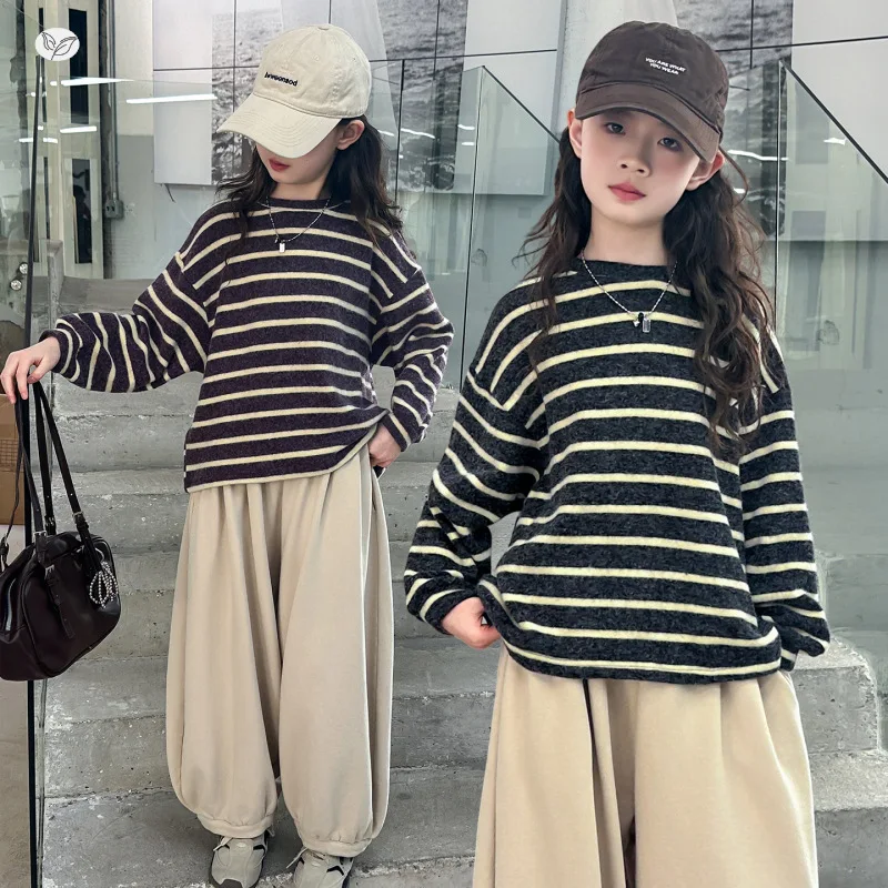 ملابس الفتيات لخريف وشتاء 2025 مع قلنسوة مخططة بأكمام طويلة تي شيرت فستان مراهق للأطفال فضفاض 4 6 7 8 9 10 11 12 سنة