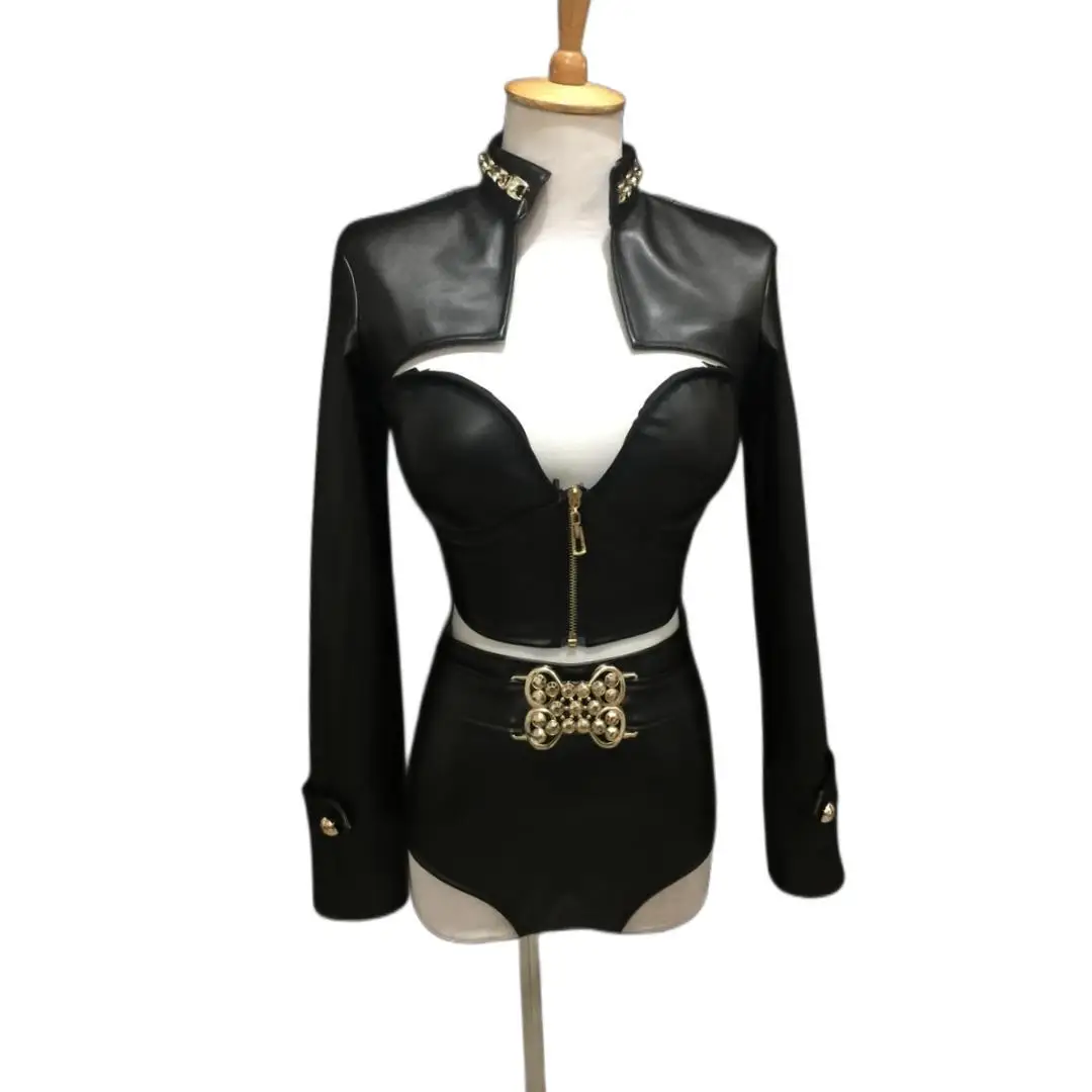 

Female Jazz Hip Hop Dance Costumes PU Leather Black Bikini Waistcoat Outfits Nightclub Bar Singer Teams Sexy Performance Clothes