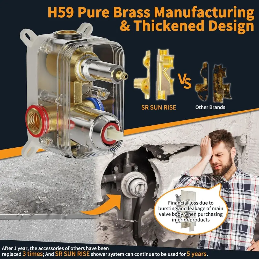 고급 벽걸이형 레인폴 샤워 시스템, 광택 크롬 마감, 내장형 밸브 및 트림 포함