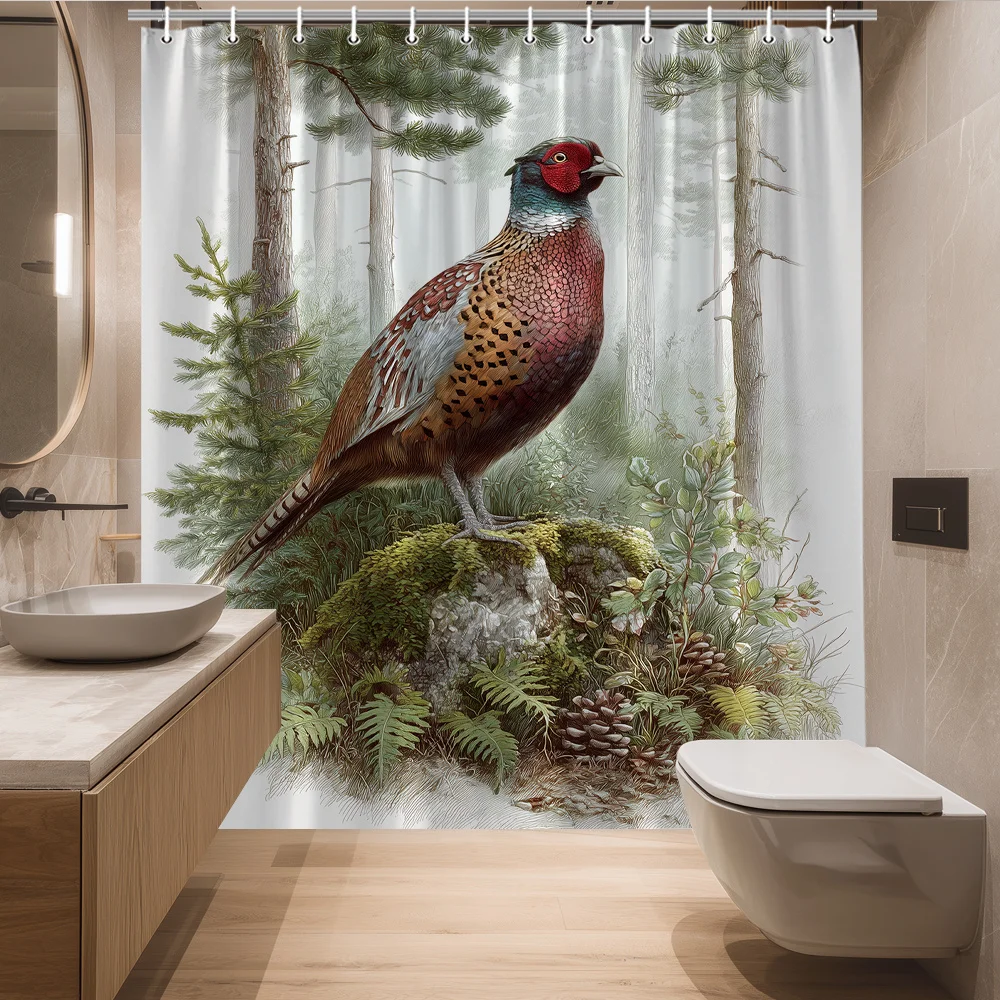 Rustic Pheasant Wildlife Forest Nature Scene Illustration Shower Curtain Waterproof Bathroom Decor Woodland Animal Tapestry Curt