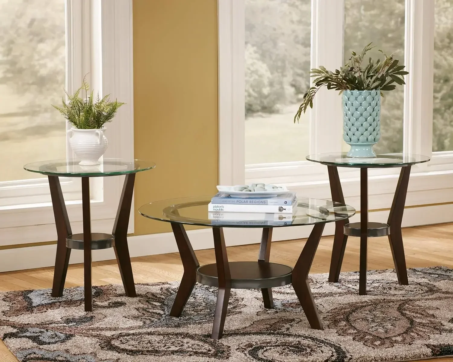 Design by Ashley Fantell 3-Piece Table Set, Includes 1 Coffee  and 2 End s, Glass Top  Fixed Shelf, Dark Brown