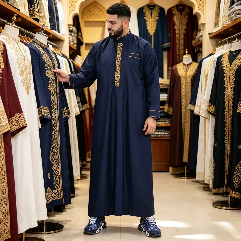 

Muslim Men's Long Robe Embroidered Stand Collar Loose Arab Ethnic Style Islamic Men's Casual Formal Ethnic Clothing