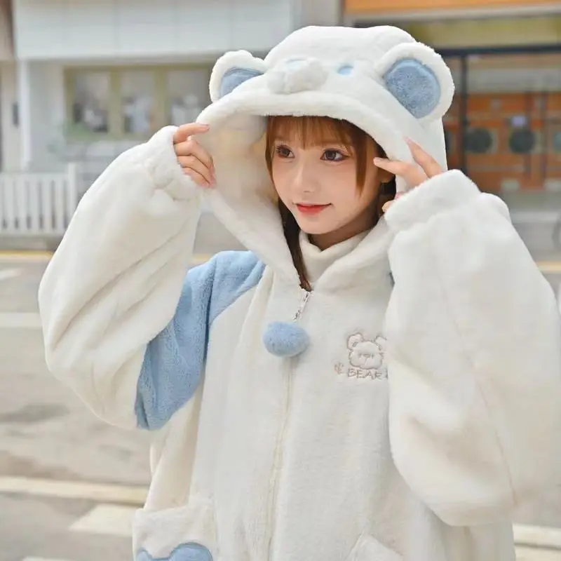 Preppy Style Patchwork Y2k Bear Hooded Zip-up Jackets Women Kawaii Sweet Lamb Wool Coats Winter Korean Fleece Sweatshirts