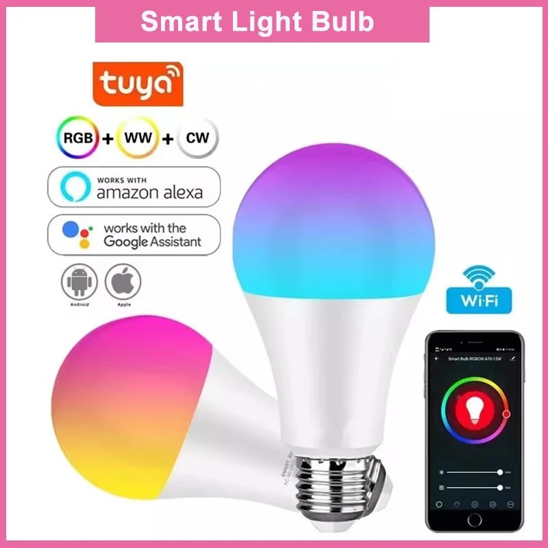 

Tuya WiFi Bluetooth Smart Light Bulb Smart Life Home 9W E27 RGB Светодиодная лампа с регулируемой яркостью и голосовым управлением через приложение Alexa Google Home