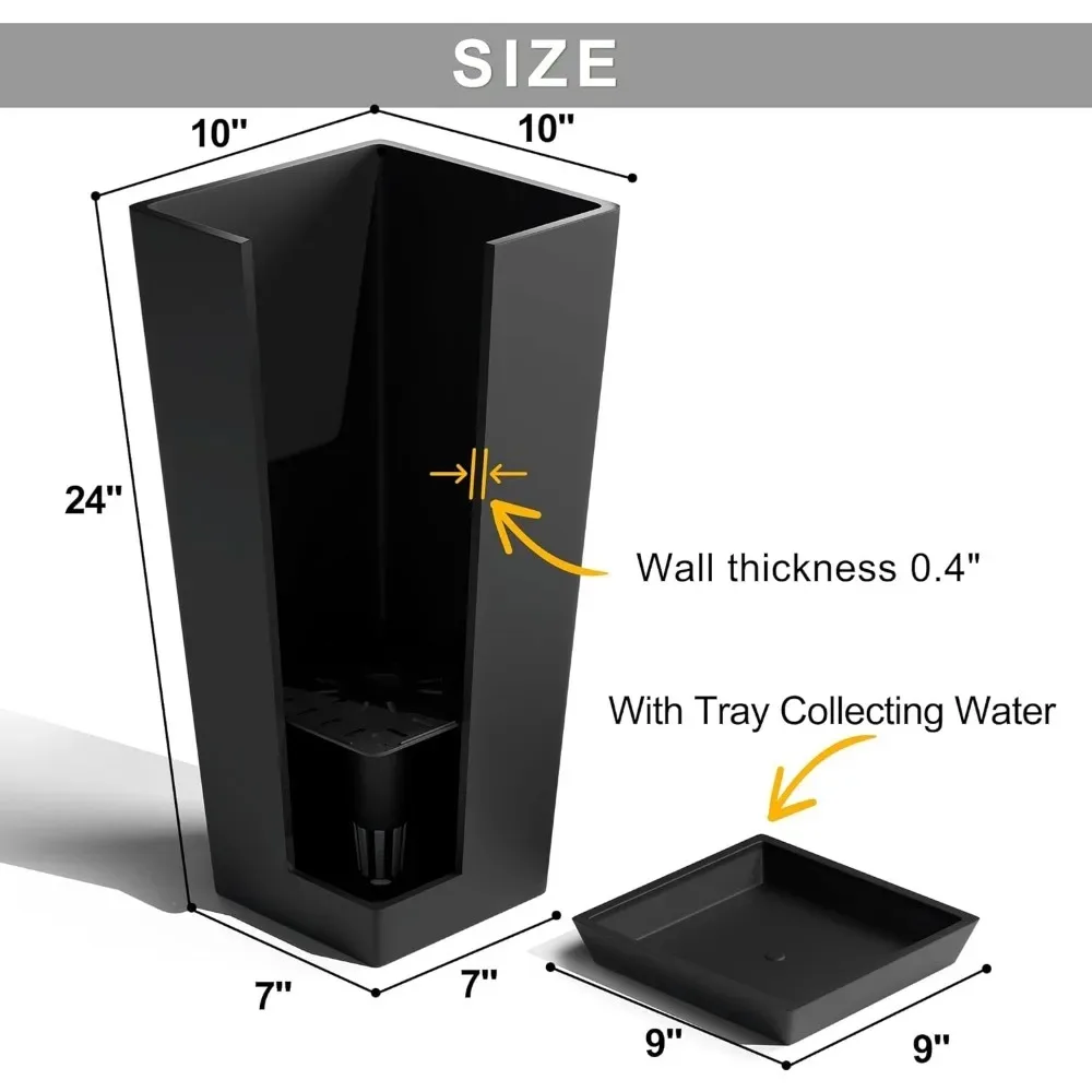 Уличный садовый плантатор, большие цветочные горшки, внутренний конический садовый V-образный высокий садовый плантатор 24 дюйма, цвет черный (2 упаковки)