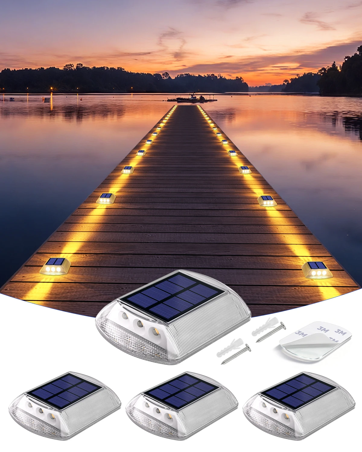 5 Jahre Lebensdauer Solar-LED-Deckleuchten Wasserdicht IP68 Amber Warm Automatisches Ein-/Ausschalten Zum Aufkleben & Verschrauben für Treppen, Einfahrten, Gehwege, Docks