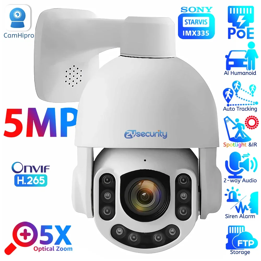 5MP PTZ 5X Optical Zoom PoE Security Camera Outdoor 2-Way Talk Human/Car Detection Auto Tracking Speed Dome IP Cameras CamHipro