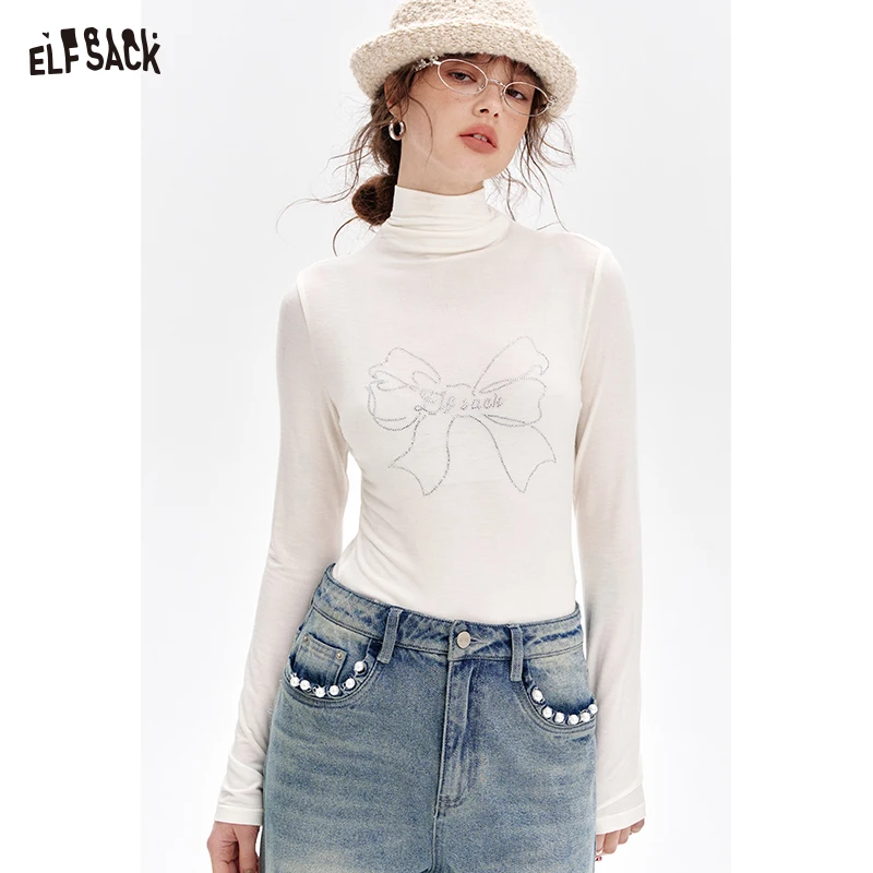 

ELFSACK 2024 Winter New Arrivals Bowknot Hot Diamond White Turtleneck Slim Fit T-shirt Women