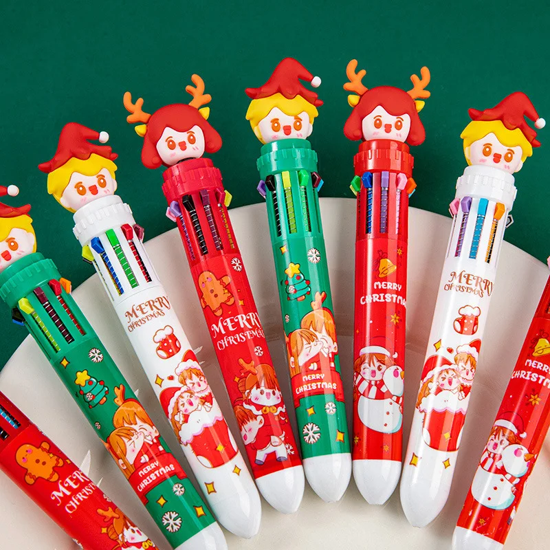 Creativity 10 in 1 Cartoon Christmas Ten color Ballpoint Pen Student's Hand Account Press Start Christmas Stationery Gift