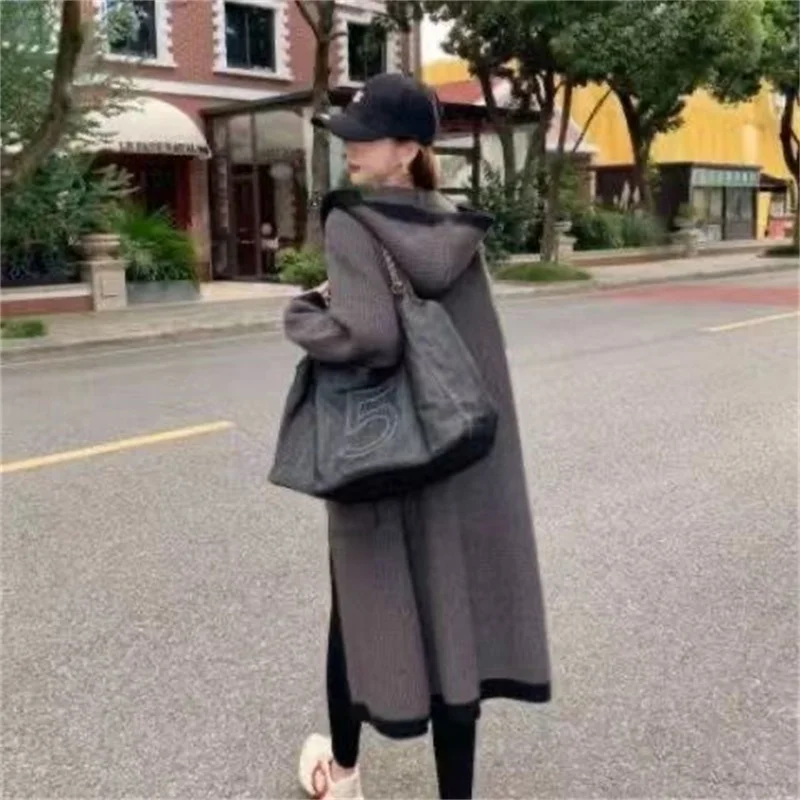 2023 Autumn Winter New Sweater Female Korean Knee Cardigan coat Long Thick Trend Jacket Commuter Women\'s Hooded Fashion Top Lady