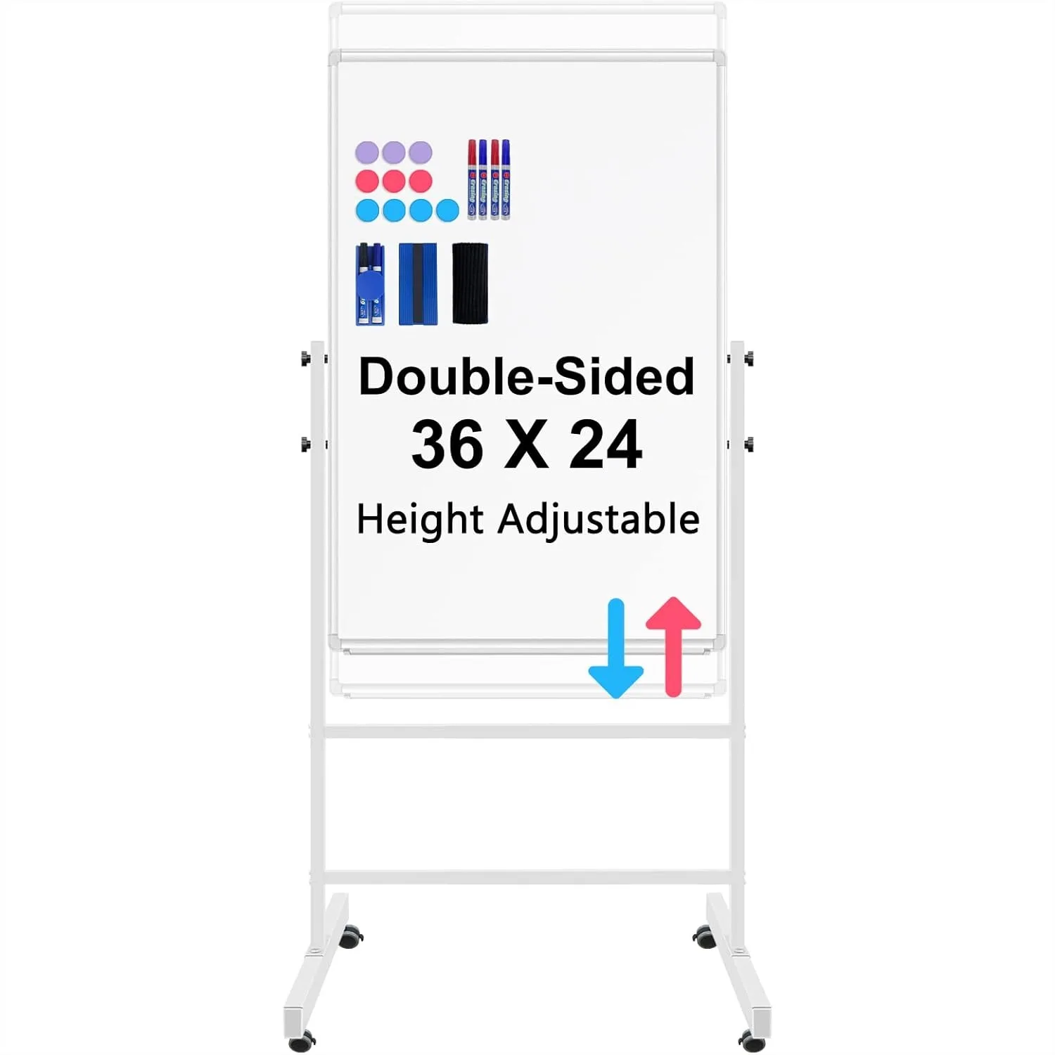 

White Board Dry Erase Board with Stand 36" x 24", Double-Sided & Height Adjustable Rolling Magnetic Whiteboard on Wheels