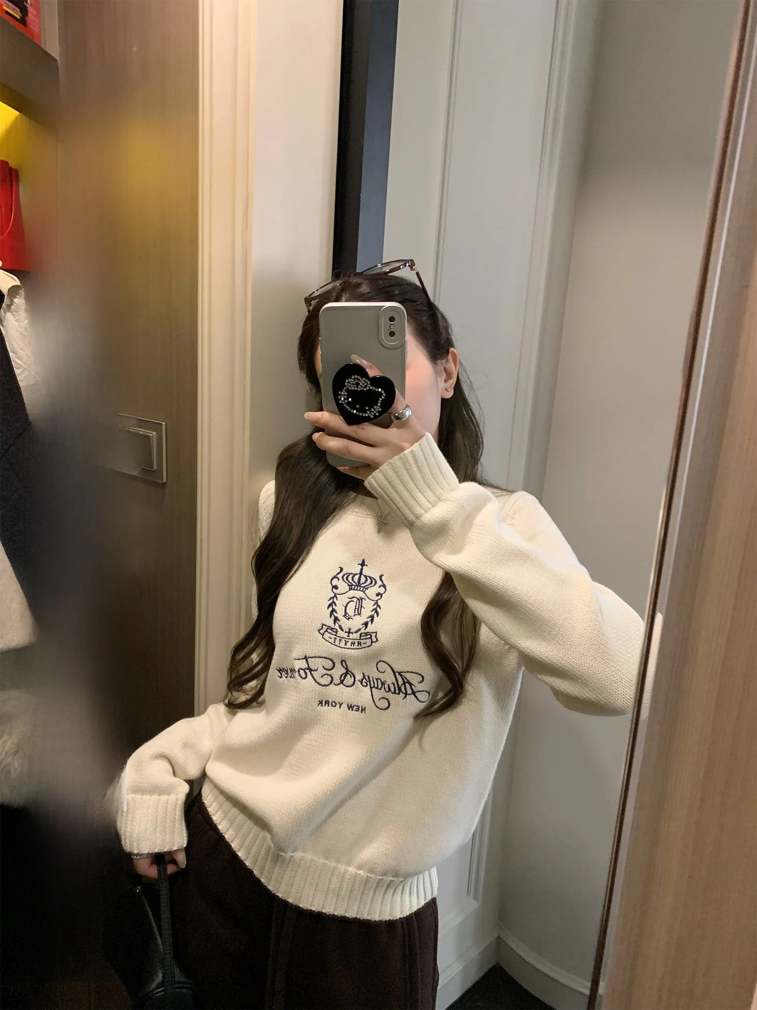 

Женский белый вязаный джемпер Hhi FreedomLondon с вышивкой, круглым вырезом, осенне-зимний, универсальный, свободного кроя, с длинными рукавами