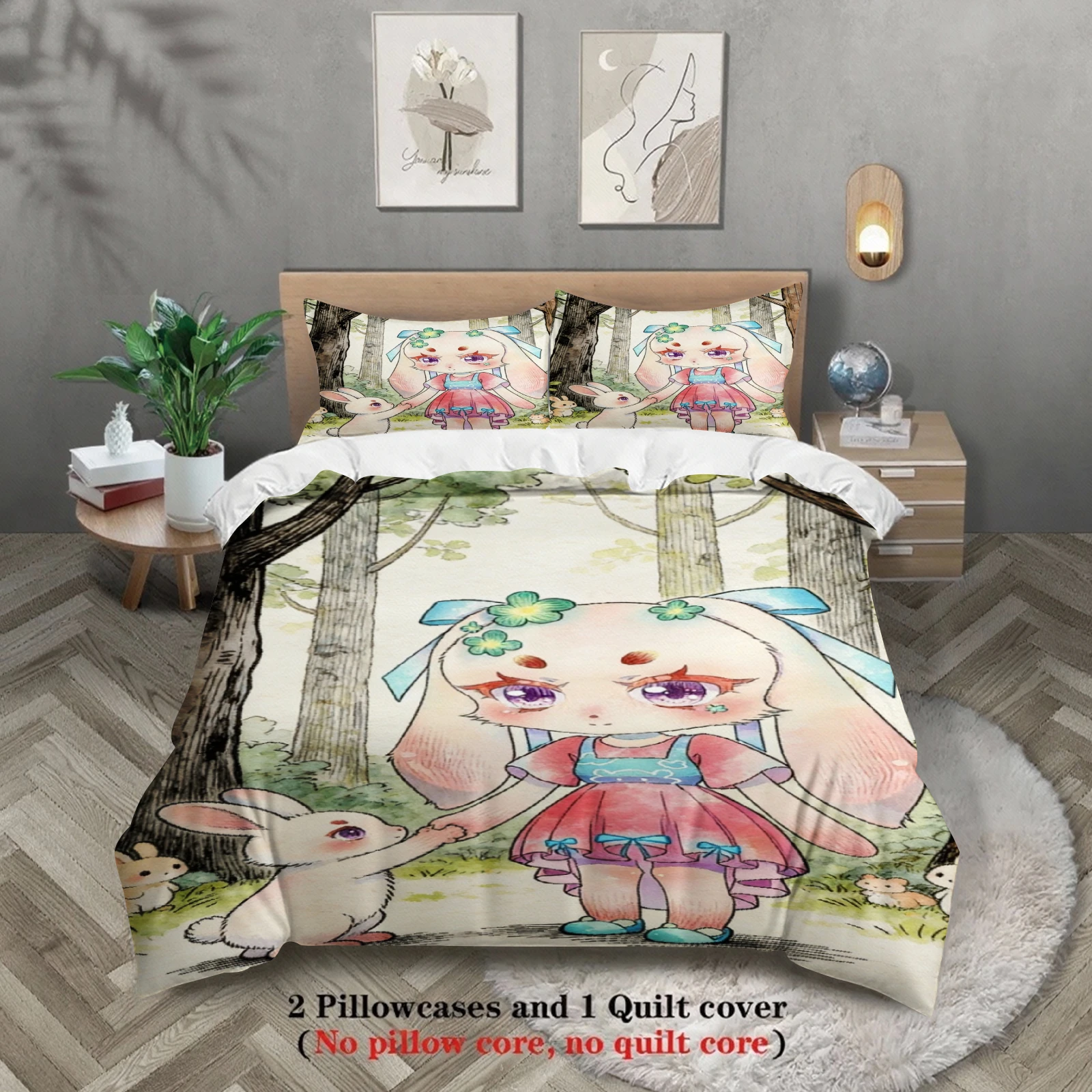 Softville Cozy Town 3PCS Bedding Sets Lop Rabbit Playing With Rabbit Pint Duvet Cover No filling Cartoon Style Queen King Size