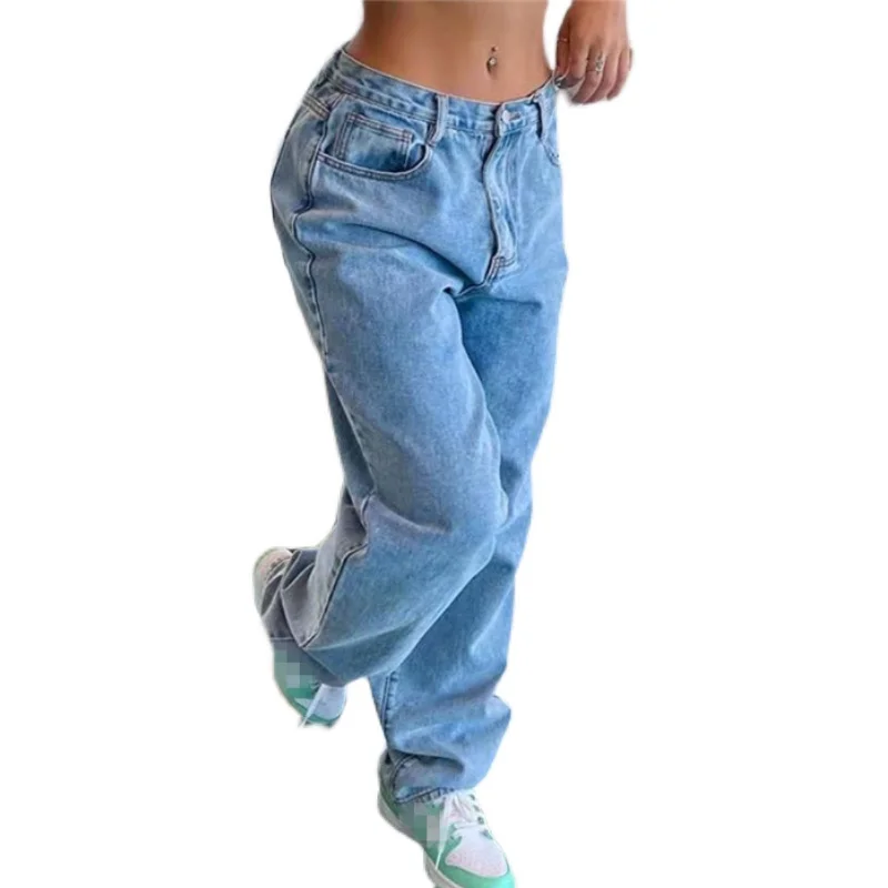 Casual Loose Wide Leg Straight Cut Jeans Women's Denim Pants Comfortable Straight Fit Long Trousers l Waist Zipper Closure