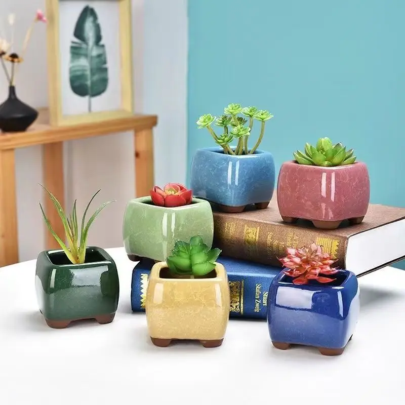 1PC Mini Fleshy Flowerpot Ceramic Thumb Pot Flowing Glaze Ice Crack Handmade Pots Breathable Minimalism