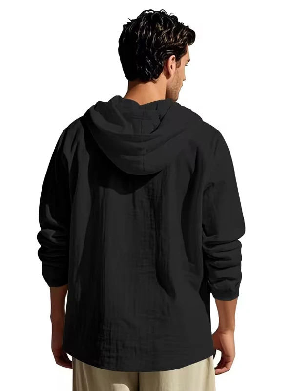 Herren Baumwoll-Leinen Kapuzen-Henley-Shirt Pullover Atmungsaktiv Bequem Neuer Stil Vielseitige Freizeitkleidung – Detail 11