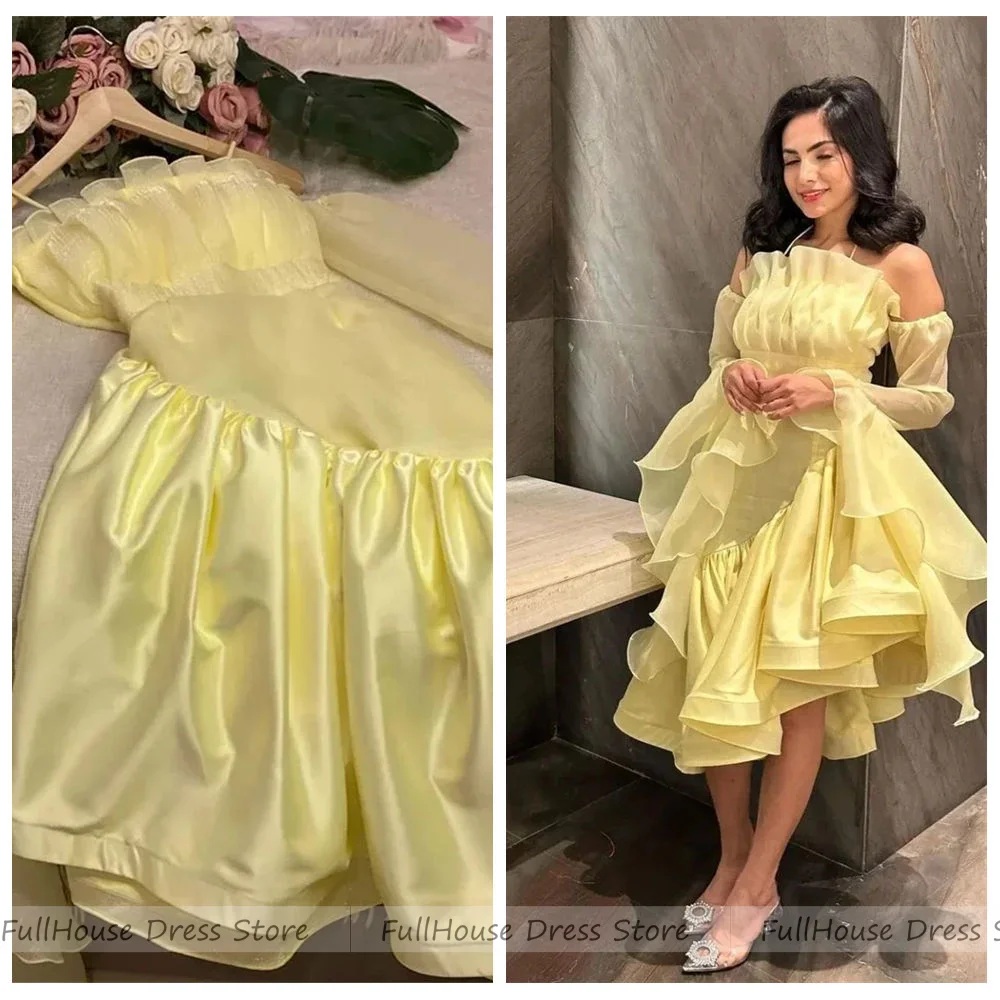 

Выполненное на заказ желтое многоуровневое плиссированное платье трапециевидной формы с воротником-лодочкой в Саудовской Аравии вечернее платье с рукавами 3/4 и открытой спиной с оборками