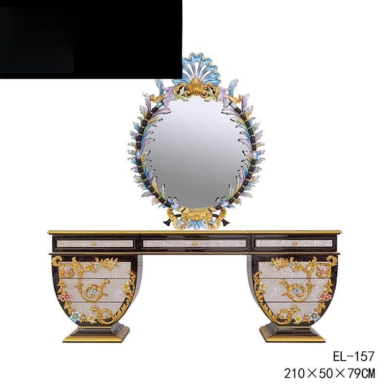 French luxury palace mahogany carved bedroom dresser mirror European veneer shell parquet makeup table
