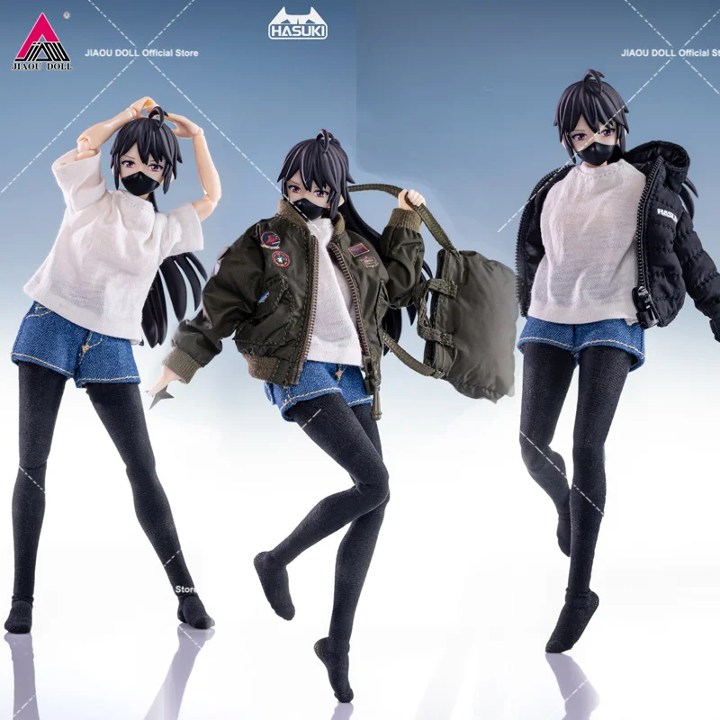 

HASUKI 1/12 Air Force Jacket CS008 T-shirt Denim Shorts CS009 Down Jacket Clothes Model Fit 6'' Female Soldier Action Figure