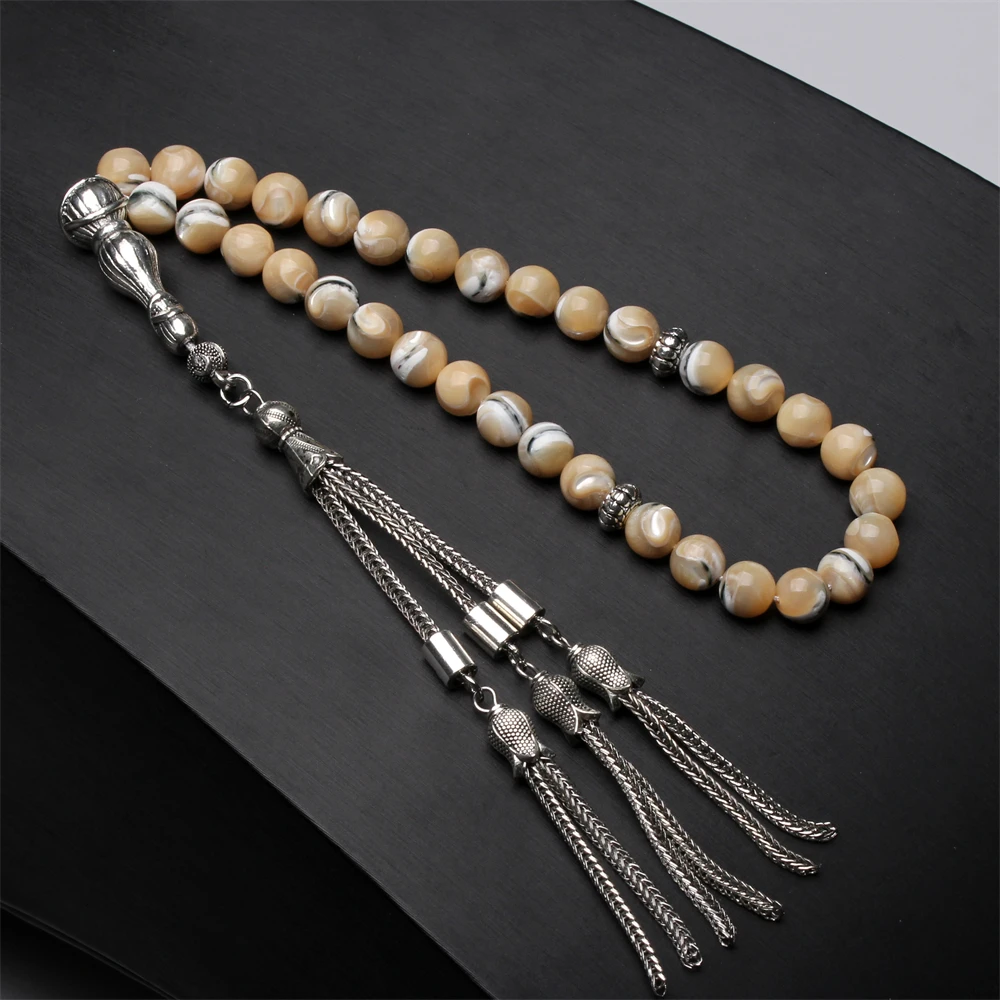 Shell sibha tasbih Hot Sale 33 Beads natural stone Rosary Muslim Tasbih Prayer Beads Misbaha silver color tassel islamic subha