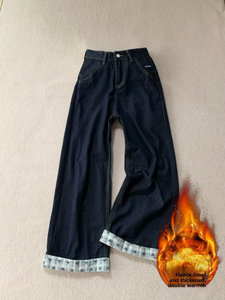 حجم كبير Fce اصطف ثي الدينيم السراويل النساء الشتاء عالية الخصر مستقيم الساق واسعة الساق فضفاضة التخسيس الجينز عادية مريحة
