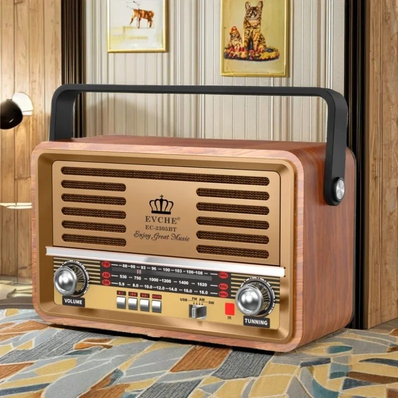 

Portable retro wooden dual speaker multi band radio Bluetooth speaker with antenna remote control supporting TF card/USB/AUX