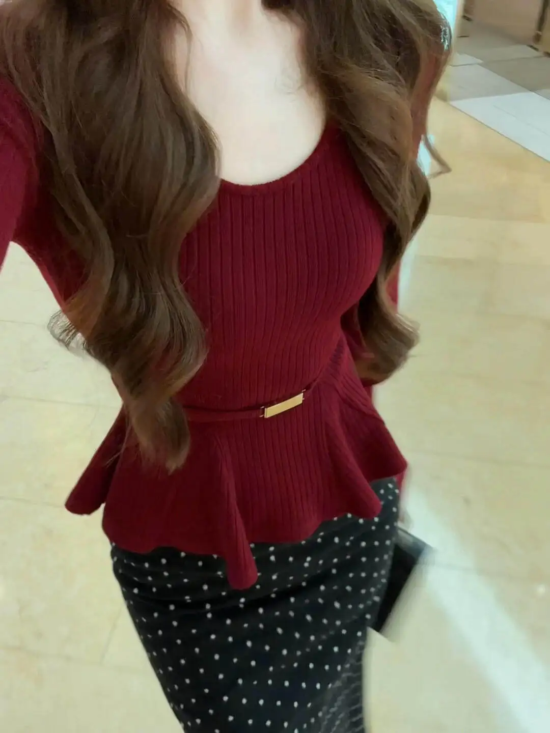 

Red Slim Fit Knitwear Women's Low round Neck with Belt Design Base Shirt Inner Wear Design Sensation Sweater Commute Style