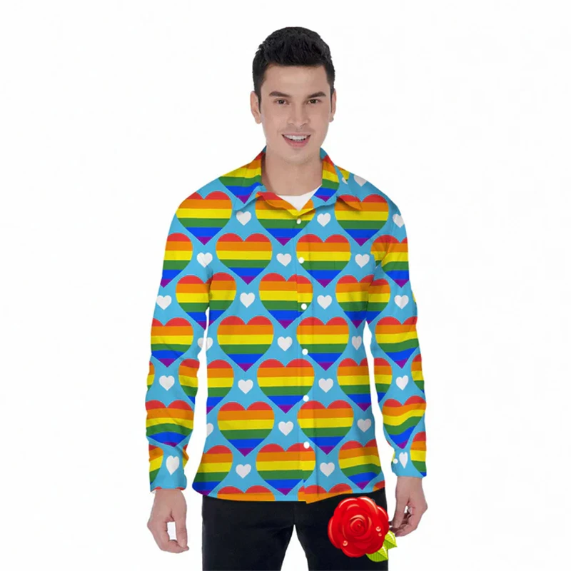 قميص بعلم قوس قزح للرجال ، علم فخر مثلي الجنس ، قمصان غير رسمية ، أكمام طويلة ، ملابس بأزرار ، قمم فخر للذكور ، بلوزات عتيقة ، الخريف