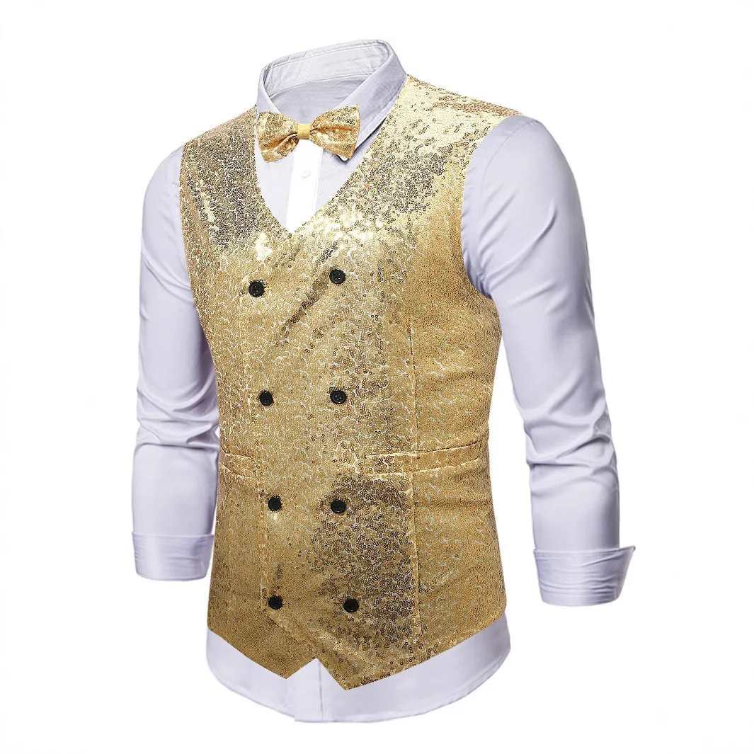 Gold Sequin Shiny Double-breasted Waistcoat for Men Dress Vest with Bowtie 2 Pcs Steampunk Mens Gilet Elegant Party Suits Vests