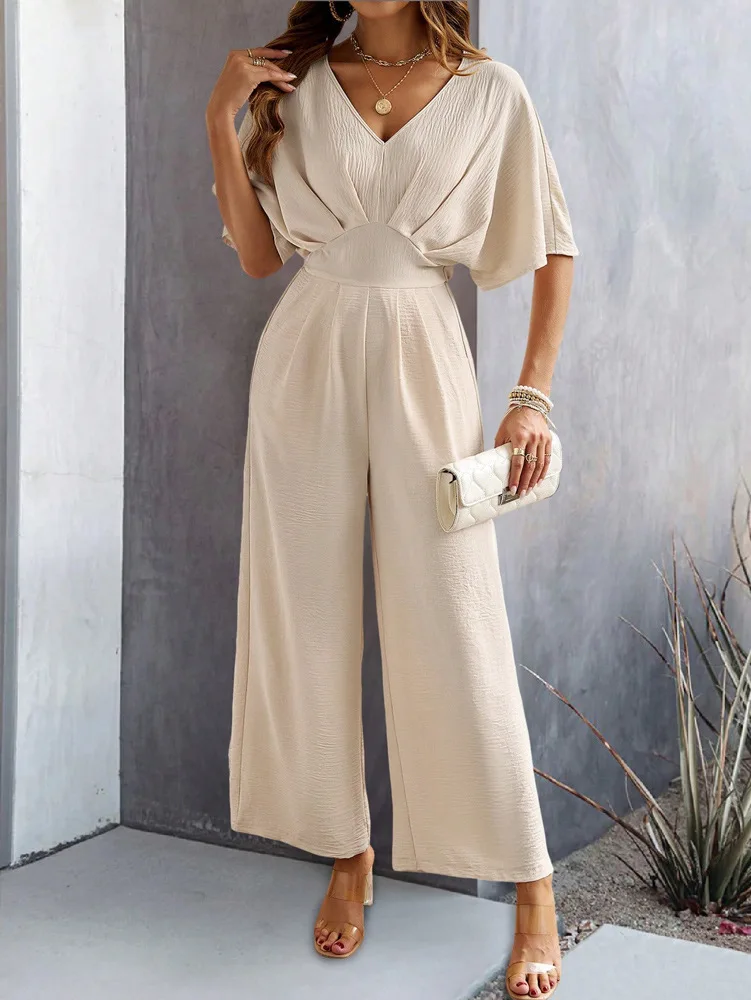 

Spring Summer Women's V-Neck Batwing Short Sleeve Solid Color High Waist Casual Wide Leg Jumpsuit