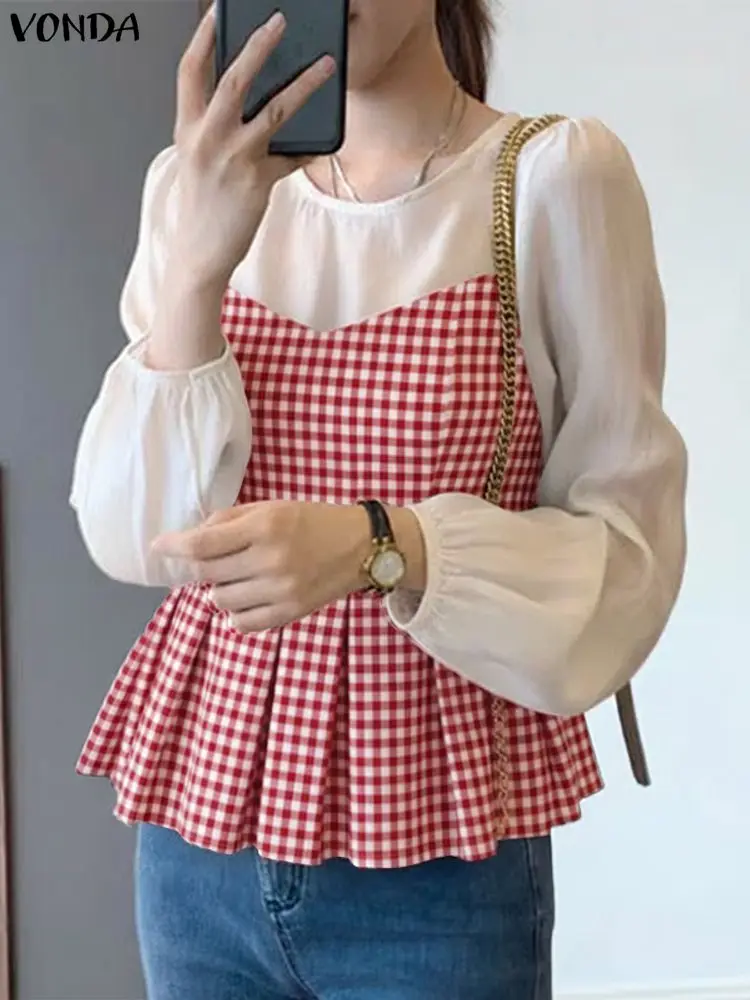 VONDA Modne Bluzki Damskie z Długim Rękawem w Kratę, Jesień 2025, Okrągły Dekolt, Eleganckie Koszule Biurowe w Stylu Koreańskim, Bluzka