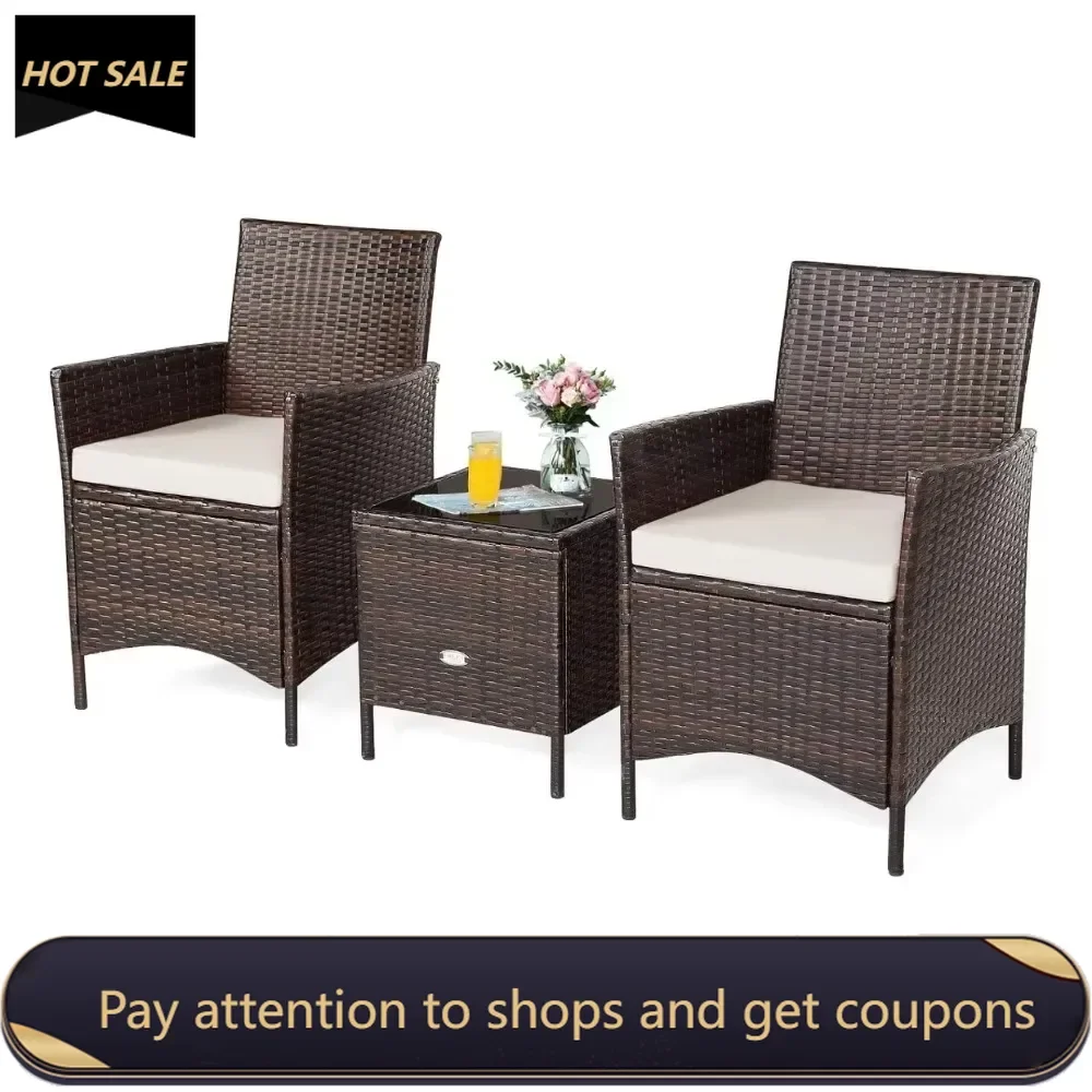 

3-Piece Patio Conversation Set，Wicker Chairs with Glass Top Square Coffee Table & Cushions, All-Weather Outdoor Rattan Furniture