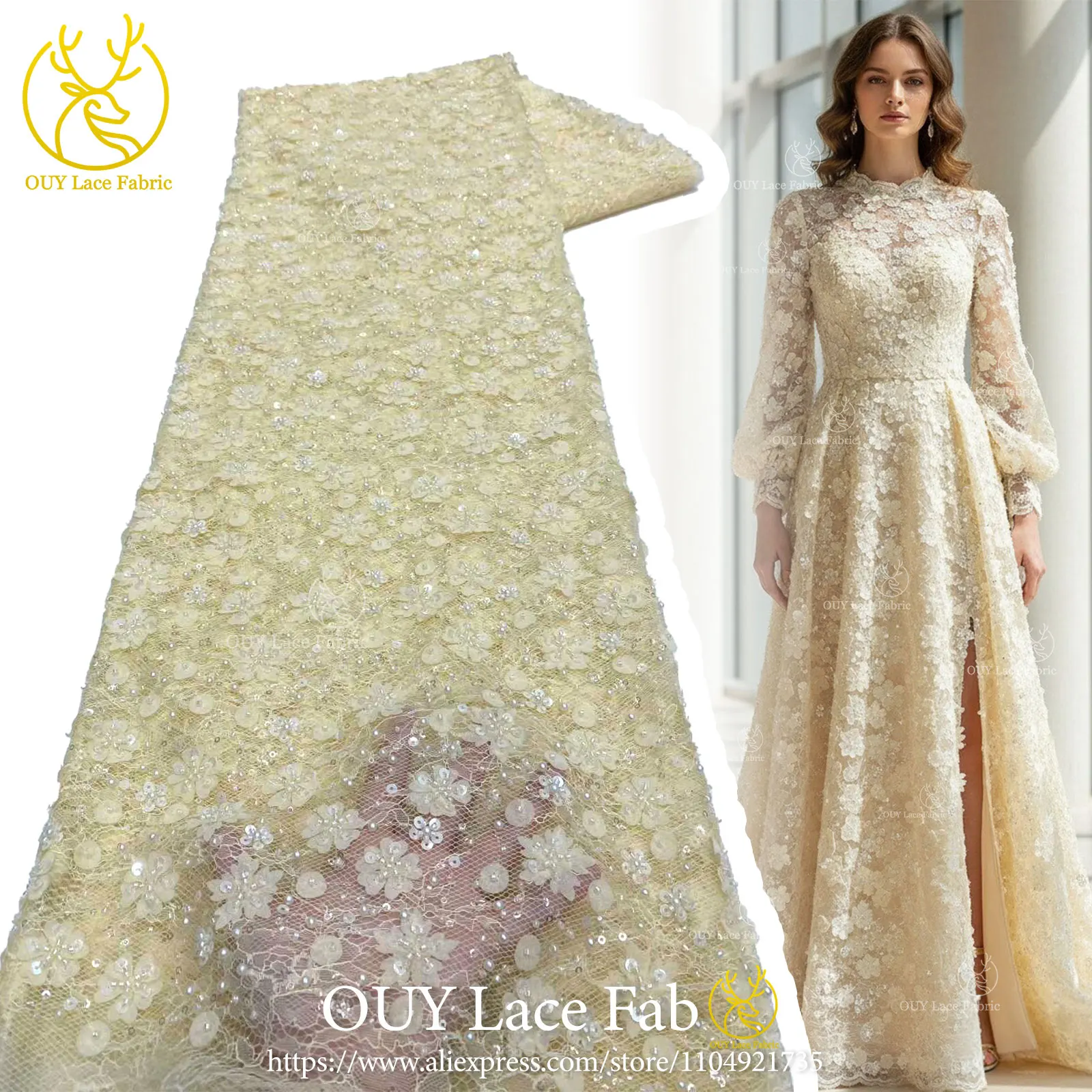 

Latest Sequin Beaded Lace Fabric 2026 High-Quality African Nigerian Lace Fabric Wedding Gown & Evening Dress Sewing 5 Yards