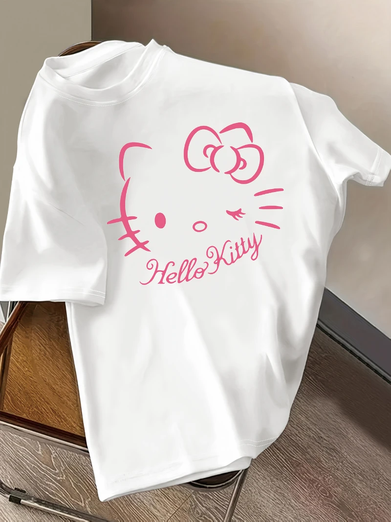 

Sanrio Hello Kitty Women's Casual Short sleeved T-shirt Cartoon Printed Round Neck Summer Fashion Loose Top