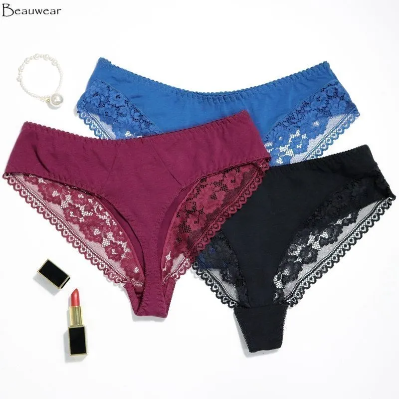 Beauwear 3PCS/Lot plus size femme lace string ultra thin cotton soft panties solid color women big size 5XL thong underwear