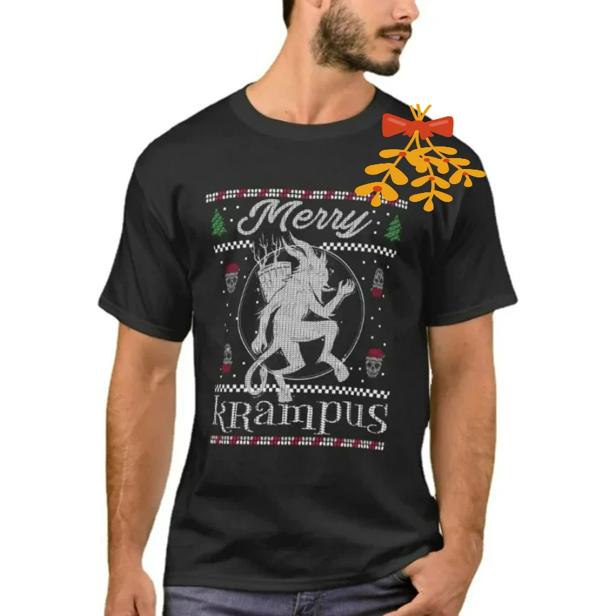 Merry Krampus Xmas Horror Ugly Christmas Sweater T-Shirt 100% Cotton O-Neck Summer Short Sleeve Casual Mens T-shirt Size S-3XL